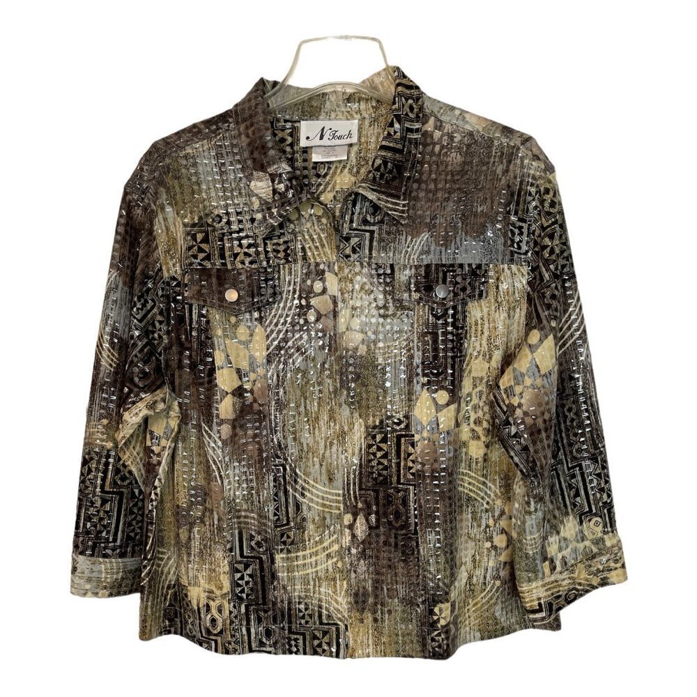 N TOUCH Women's Clear Sequin Zippered Jacket Top Size 14 Multicolor Abstract EUC